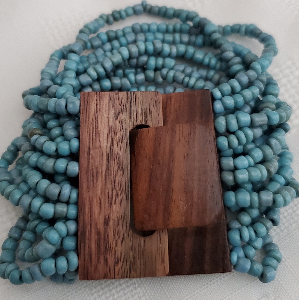 Aqua Bead and Wood Bracelet